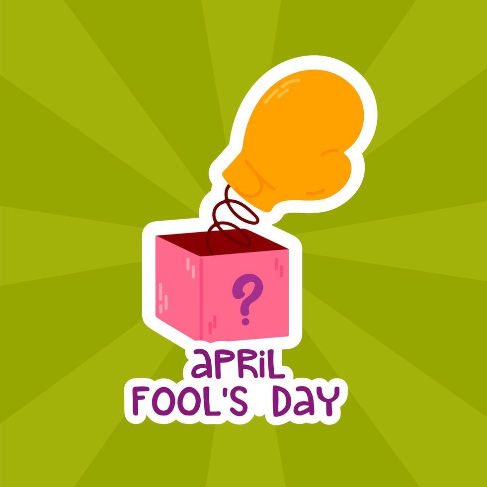 Funny illustration of a surprise prank box with a jumping boxing glove and the text April Fools Day on a bright green background. Perfect for joke-themed designs and greeting cards vector