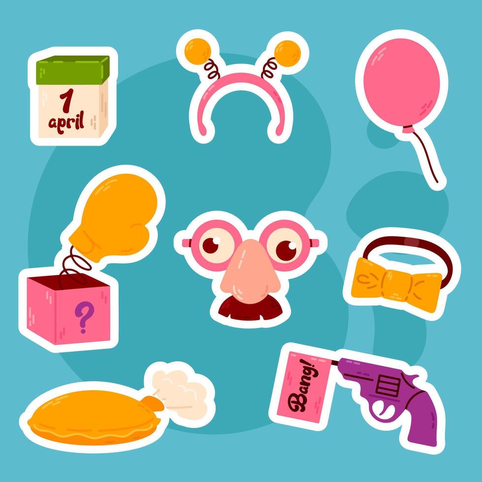 A fun sticker set for April Fools' Day on a blue background, featuring glasses, mustaches, a jester hat, balloons, and surprise boxes. vector