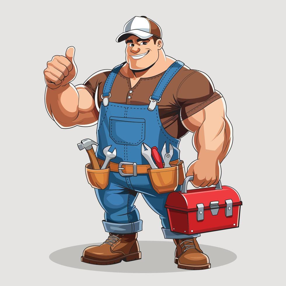 Strong and Friendly Handyman Cartoon Professional Repairman Mascot Illustration vector