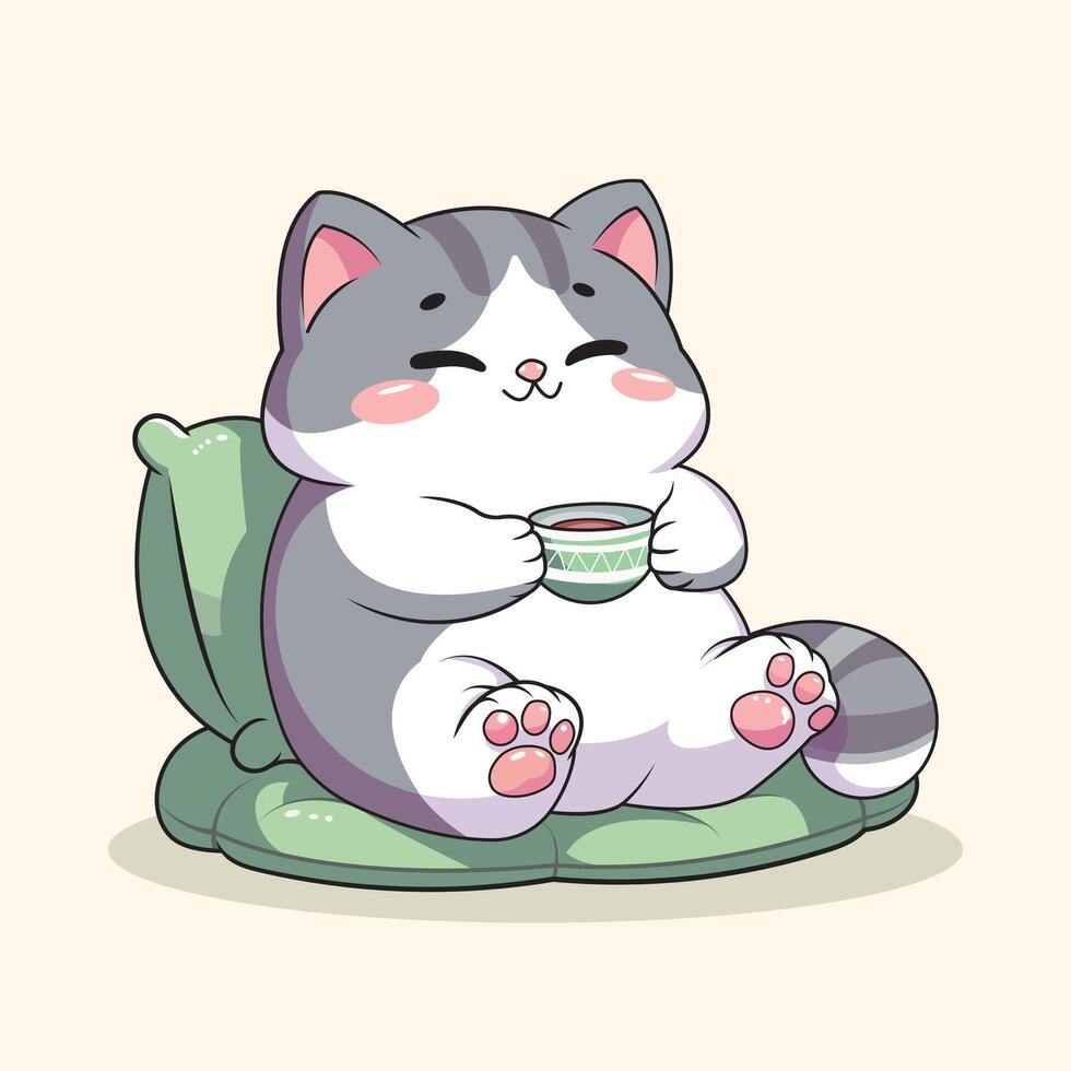 Cute Lazy Fat Cat Enjoying Tea Time Cozy Cartoon Illustration vector