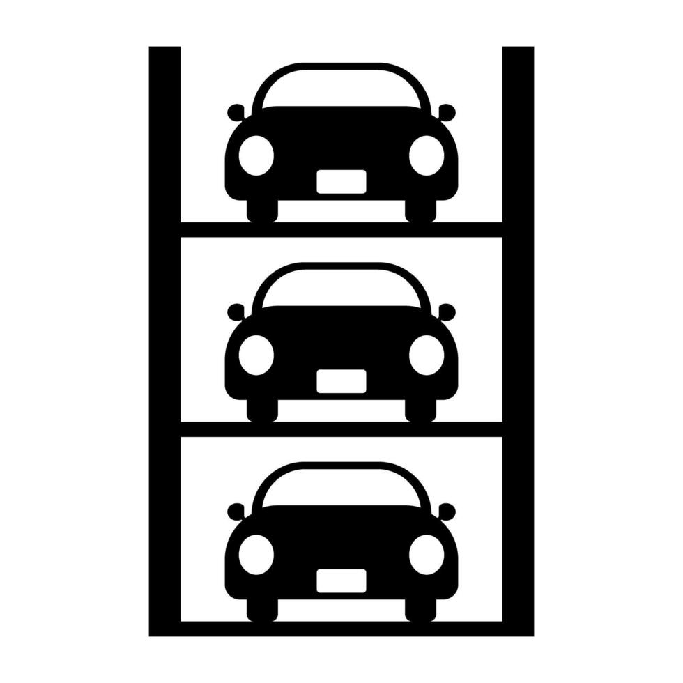 Three cars and multi-level parking lot silhouette icon. vector