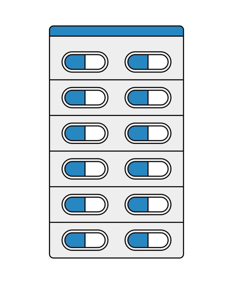 Flat design blue capsule pills in blister pack icon. vector