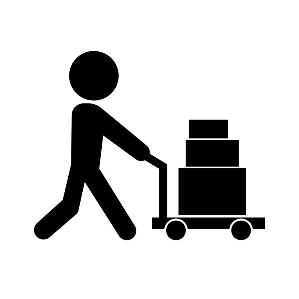 Person carrying package on cart silhouette icon. vector