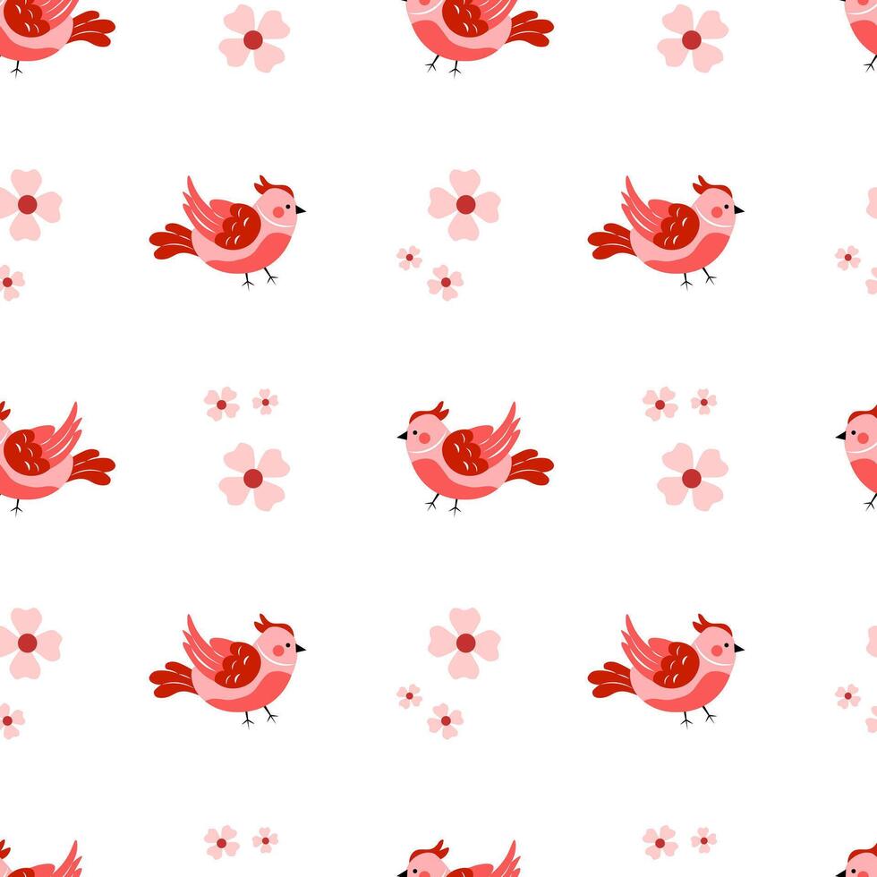 Seamless pattern with red birds and flowers on a white background vector