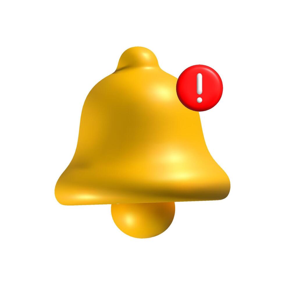 3D yellow notification bell icon with a red badge displaying the number one, isolated on a white background. Shiny metallic ringing bell symbolizing alerts, messages, notifications, and reminders in vector