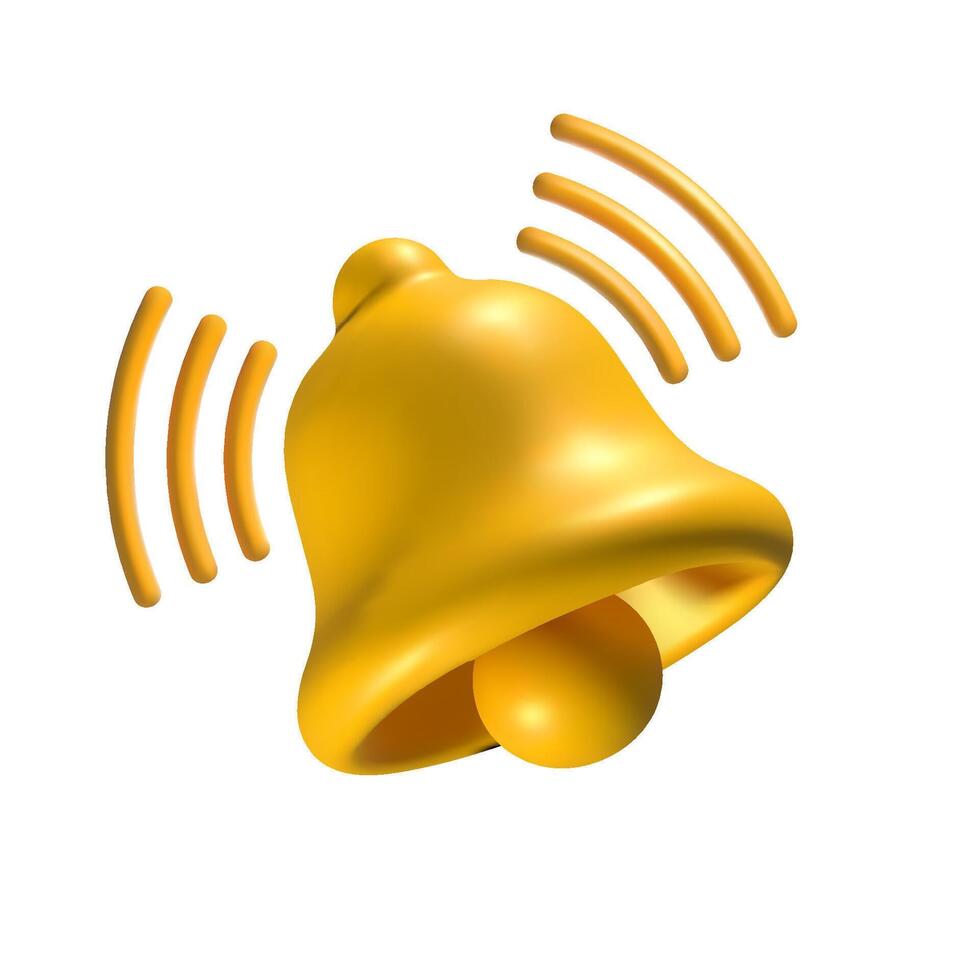 3D yellow ringing bell icon with sound waves, isolated on a white background. Shiny metallic notification bell symbolizing alerts, reminders, and sound effects in digital communication and mobile vector
