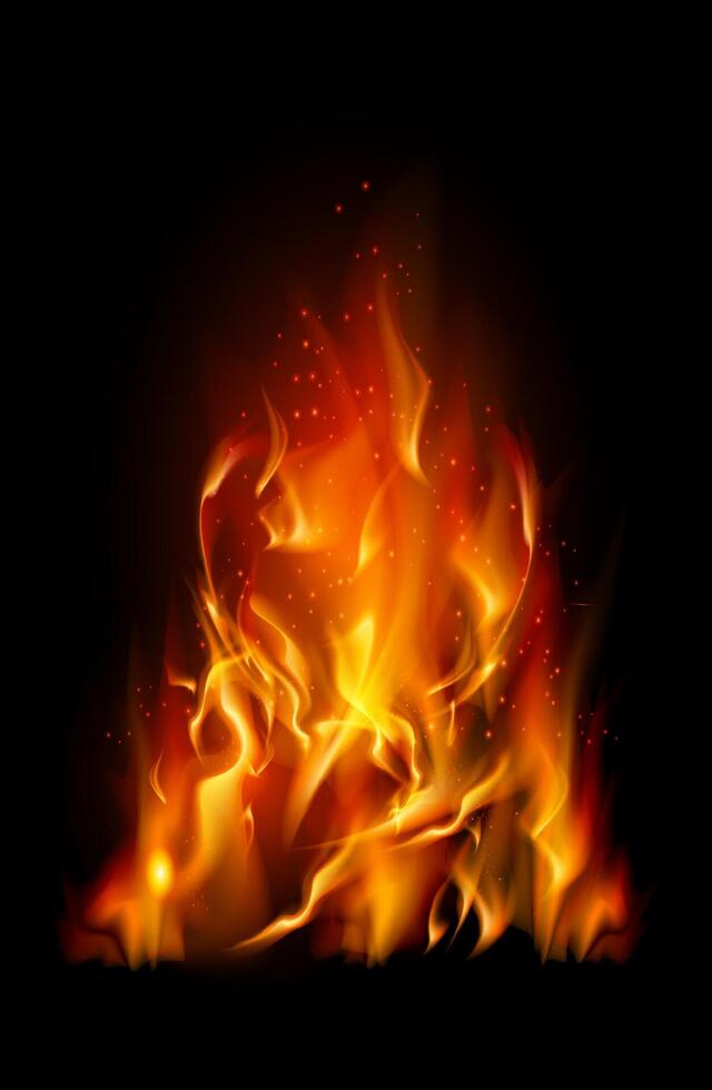 illustration of blazing fire flames with glowing embers isolated on a dark background vector