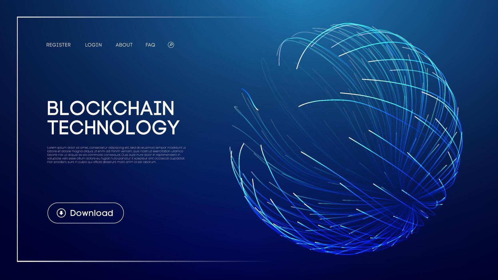 Blockchain technology concept with abstract glowing sphere, futuristic blue background, digital network visualization, decentralized finance, and modern UI design for innovation and security vector