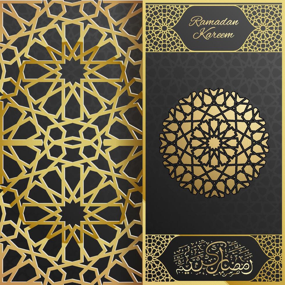 Elegant Ramadan Kareem greeting card with golden Islamic pattern, luxury black and gold design, Ramadan calligraphy , festive Eid Mubarak celebration, traditional Islamic art and Ramadan calligraphy vector