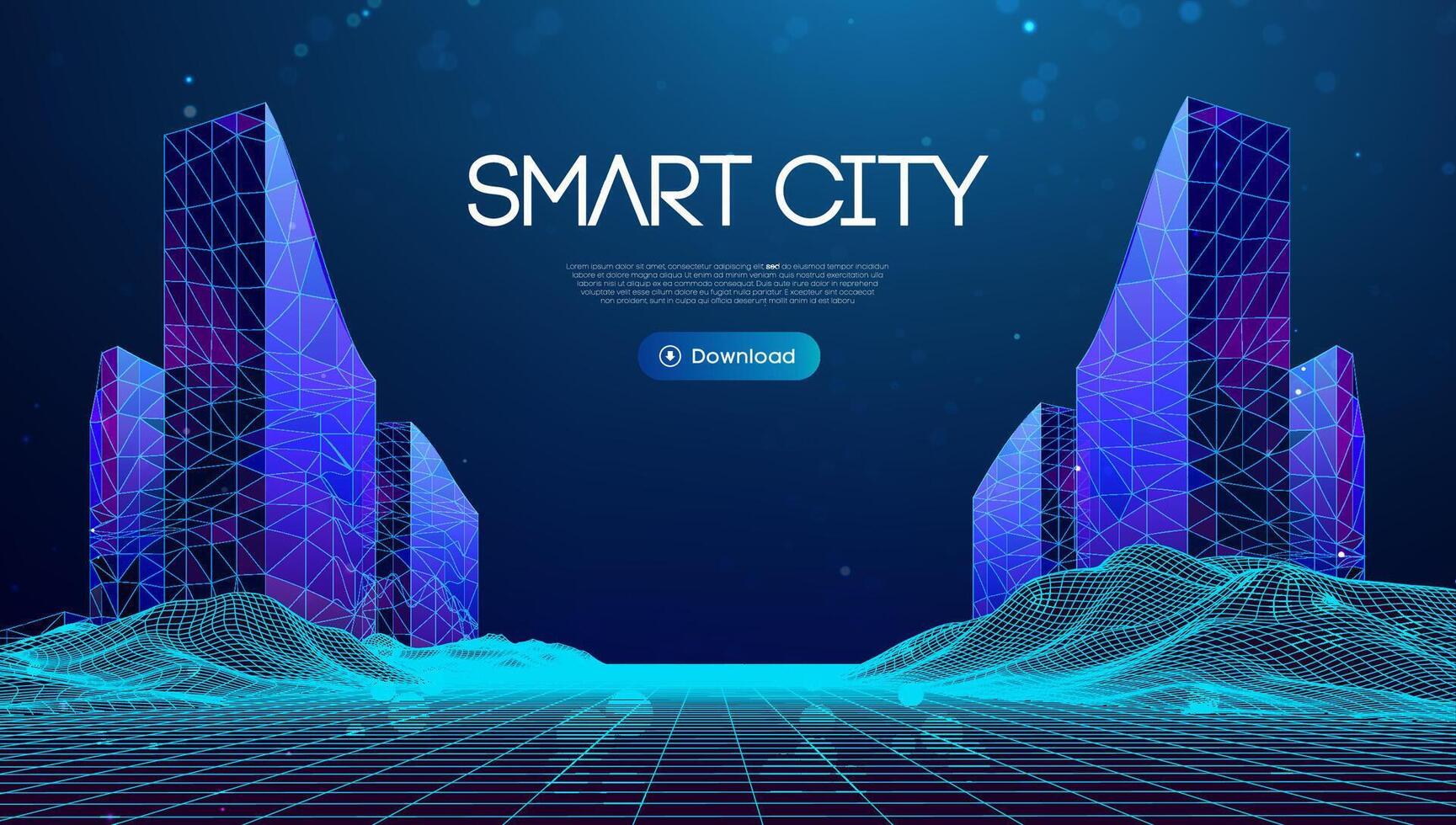 Wireframe landscape with Smart city. Technology background blue in low poly style. Data security 3d background. Global social network connection. vector
