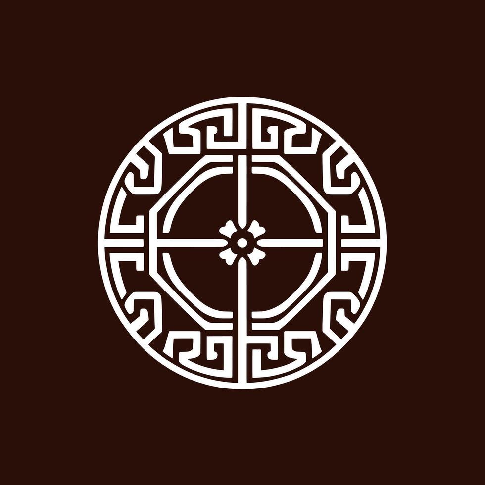 A white and black logo with an oriental design vector