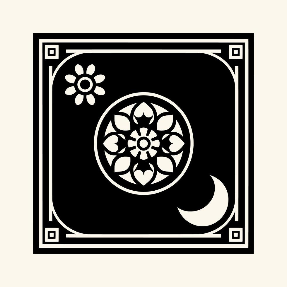 A black and white logo with a flower and moon vector