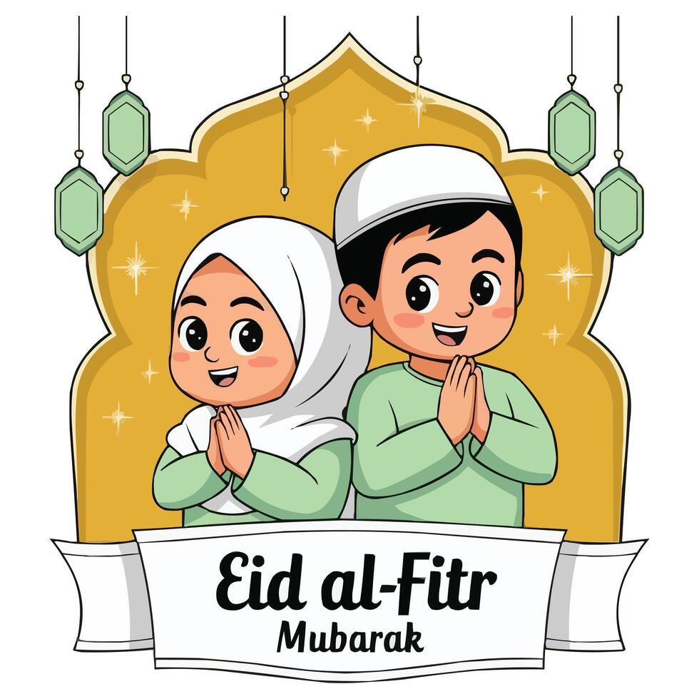 eid al-fitr mubarak cartoon illustration vector