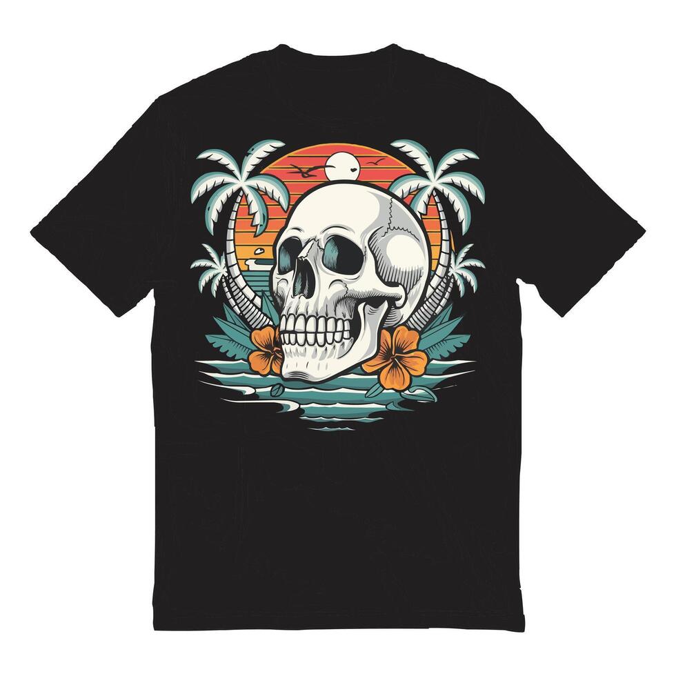 Skull summer beach t-shirt graphic design, hand drawn line with digital color vector