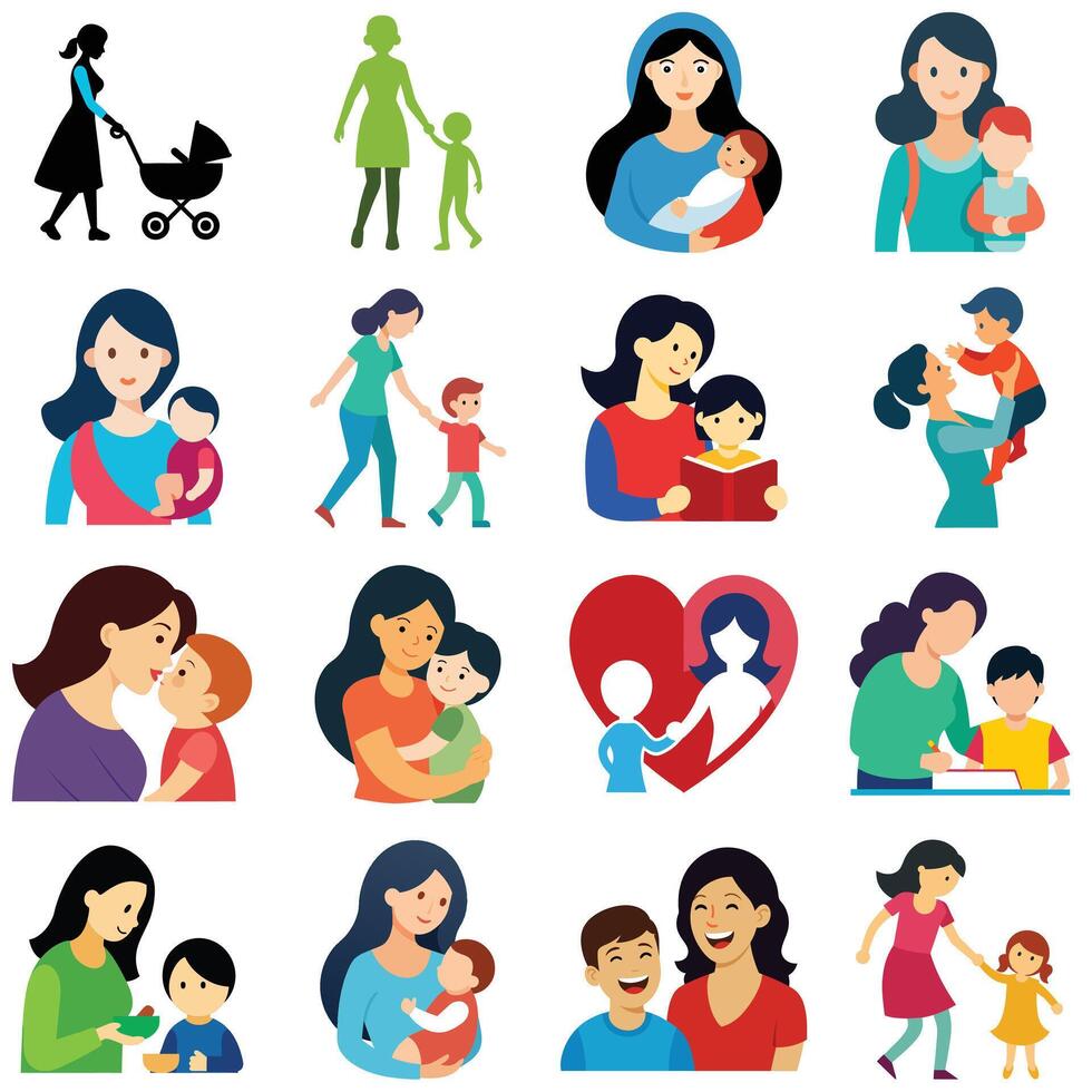 Bandle celebrating mothers love and care in different scenarios vector