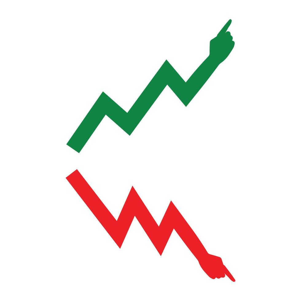 Hand Index Finger Point Arrow Contrasting Growth and Decline Stock Market Trends, Profit and Loss Graph Chart vector