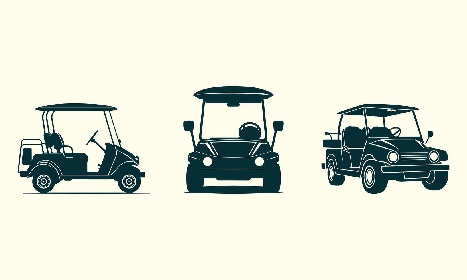 Golf car icon set, Silhouettes of Golf Cars in Front, Side, and Angled Profiles, Golf field electric vehicle. vector