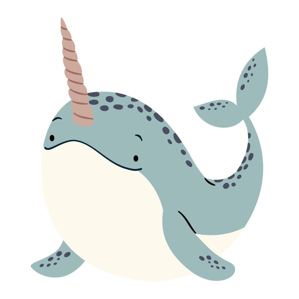 Flat illustration in a simple children's style. Cute narwhal on white background. Animals of the North Pole vector