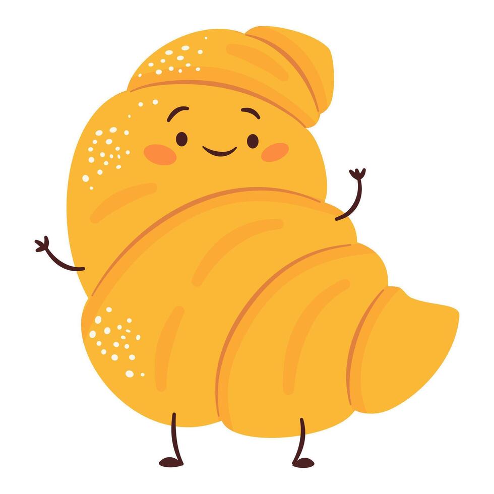 Flat illustration in a simple children's style. Cute croissant with face, legs and hands on white background vector