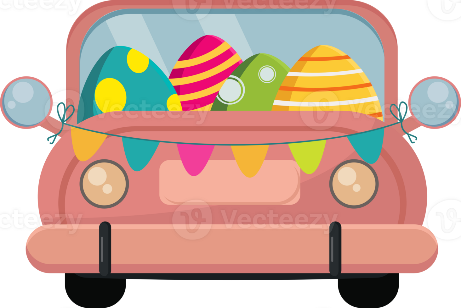 easter bunny riding in pink car with colorful easter eggs easter greeting card png