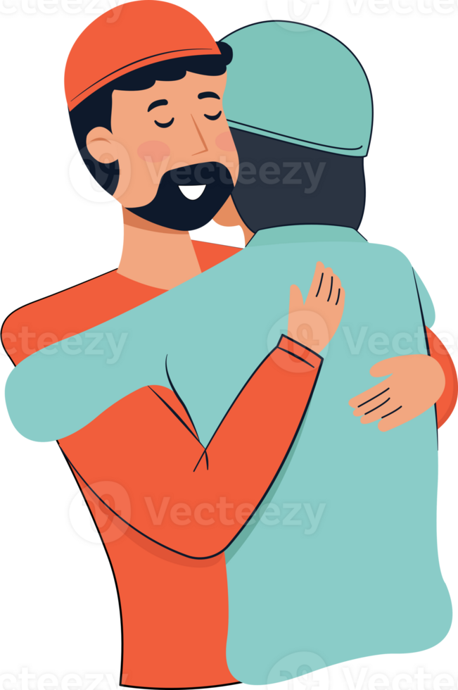Two muslim man hugging and wishing eid mubarak on ramadan kareem character png