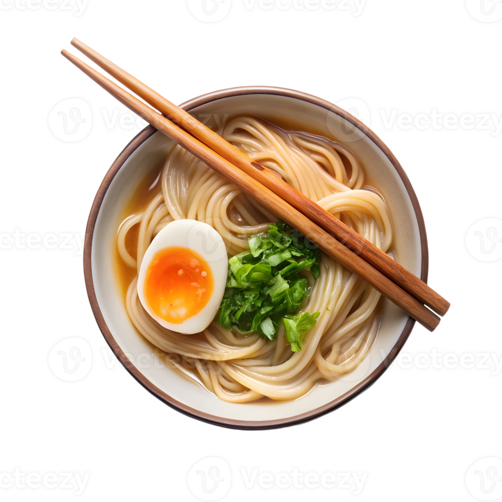 Delicious and fresh ramen noodle soup served with egg and greens in a bowl png