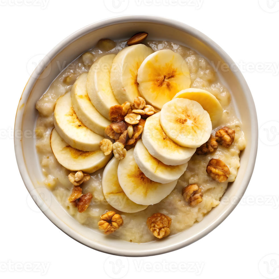 Top-Down View of a Wholesome Oatmeal Bowl Topped with Fresh Banana Slices png