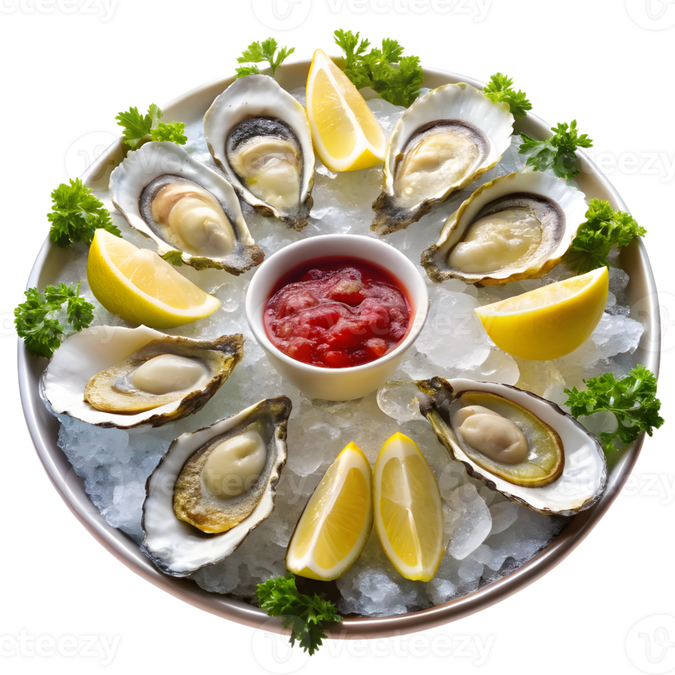 Fresh Oysters on Ice Garnished with Lemon and Parsley in a Circular Arrangement png