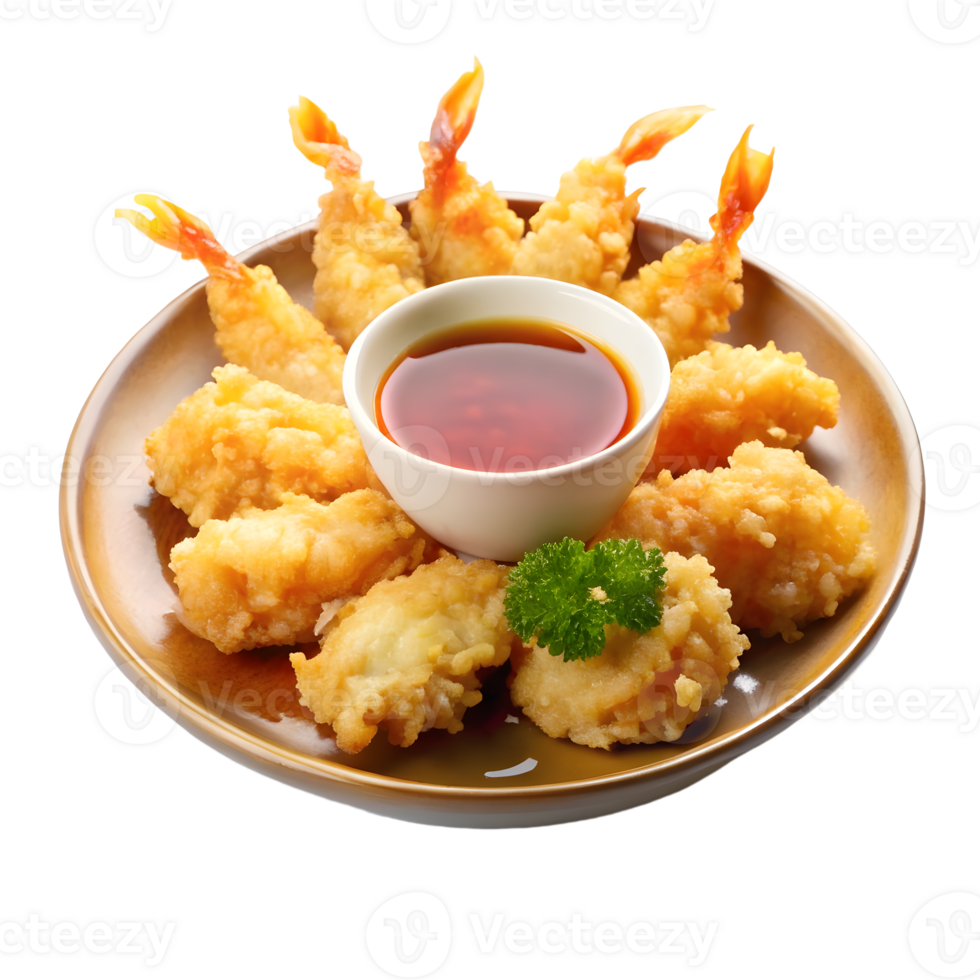 Delicious Crispy Tempura Prawns with a Tempting Soy Sauce Dip for a Feast png