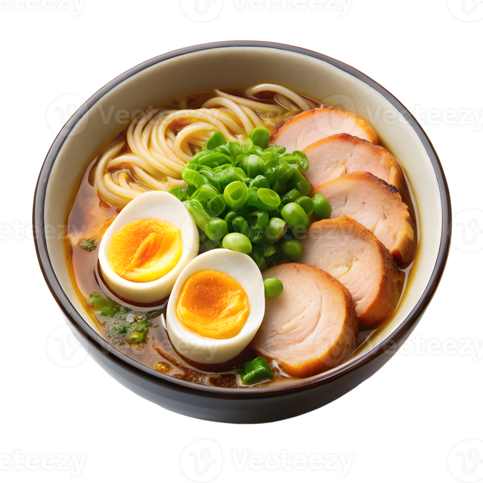 Delectable Ramen Bowl with Chicken, Egg, and Scallions close up isolated png