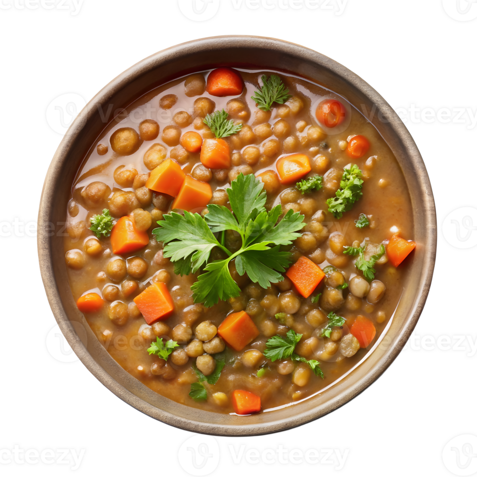 Rustic bowl of lentil and carrot soup, garnished with fresh parsley leaves png