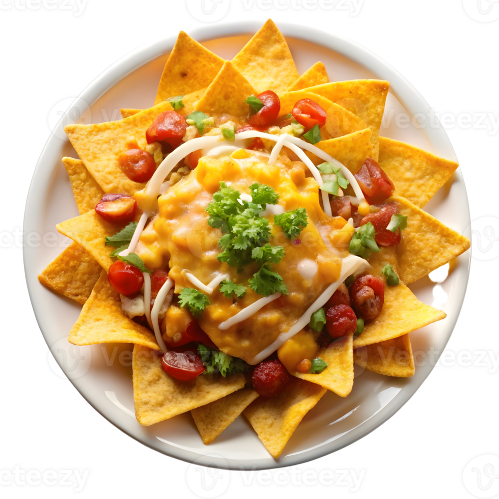Delicious nachos with melted cheese, tomatoes and cilantro served on white plate png