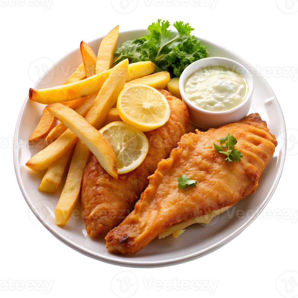 Delicious Fish and Chips Served on White Plate with Lemon Slices png