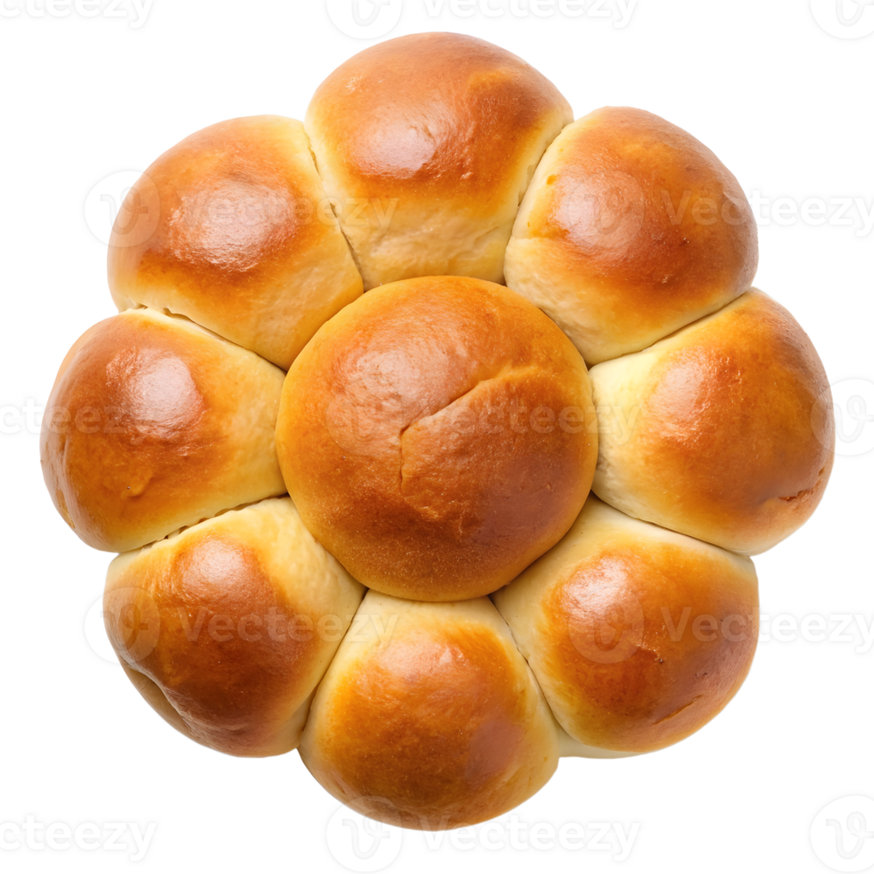 Freshly baked flower-shaped bread roll arrangement on an isolated background png