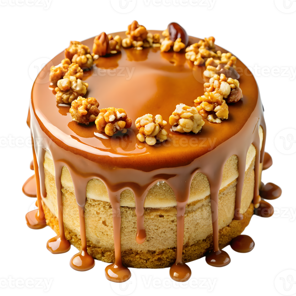 Delicious Homemade Cheesecake Topped with Caramel Sauce and Toasted Walnuts png