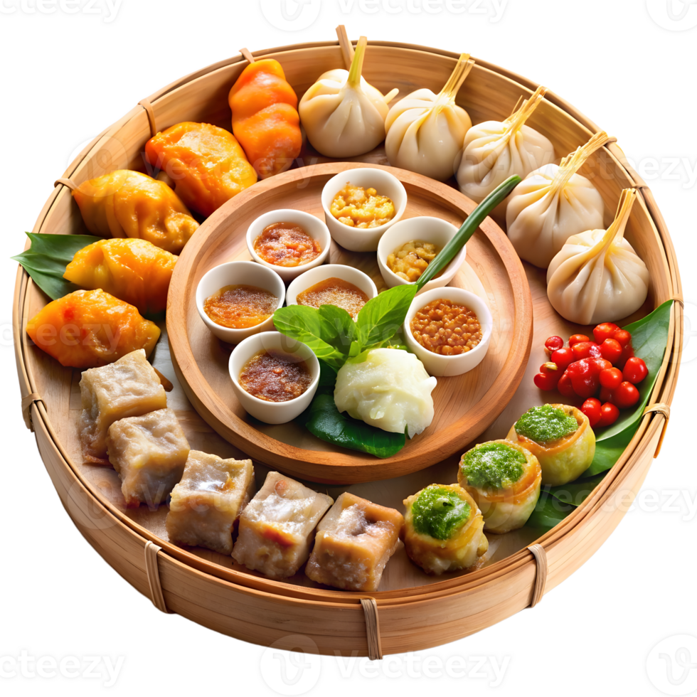 Exquisite array of gourmet dumplings and flavorful sauces served elegantly on tray png