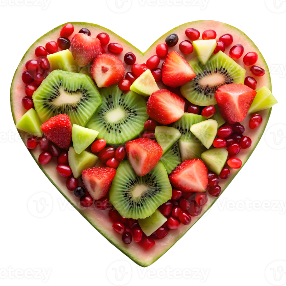 Heart-shaped watermelon filled with kiwi, strawberry, melon and pomegranate png
