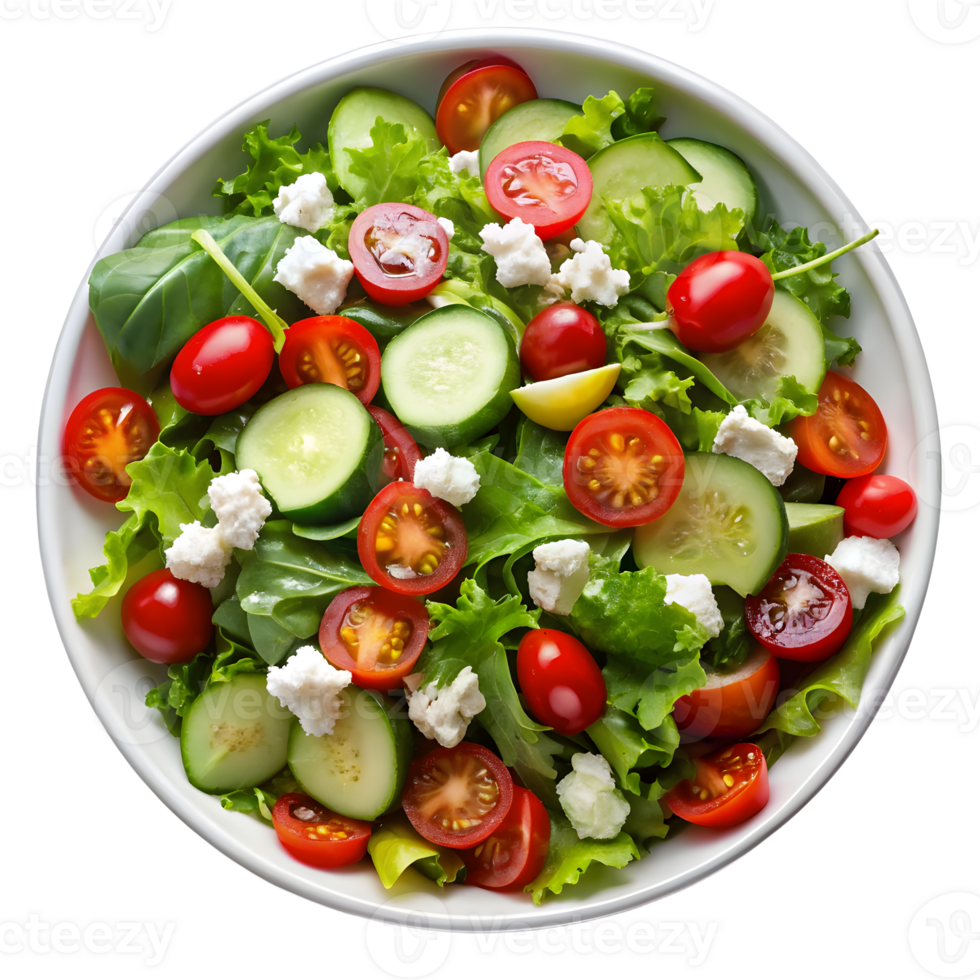 Fresh and vibrant salad featuring tomatoes, cucumbers, lettuce and feta png