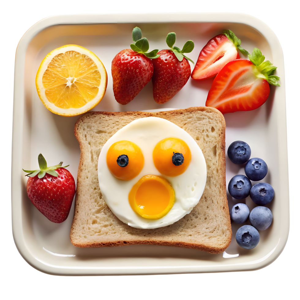 Cheerful breakfast toast with egg art and assorted vibrant fresh fruits display png