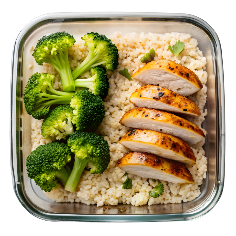 Healthy meal prep featuring grilled chicken, broccoli and couscous in container png