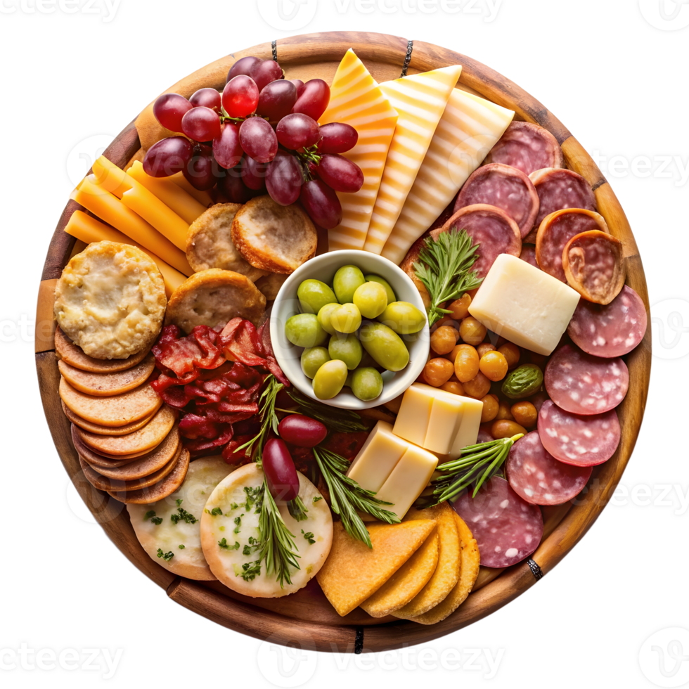 Elaborate charcuterie board featuring assorted cheeses, meats, fruits and nuts png