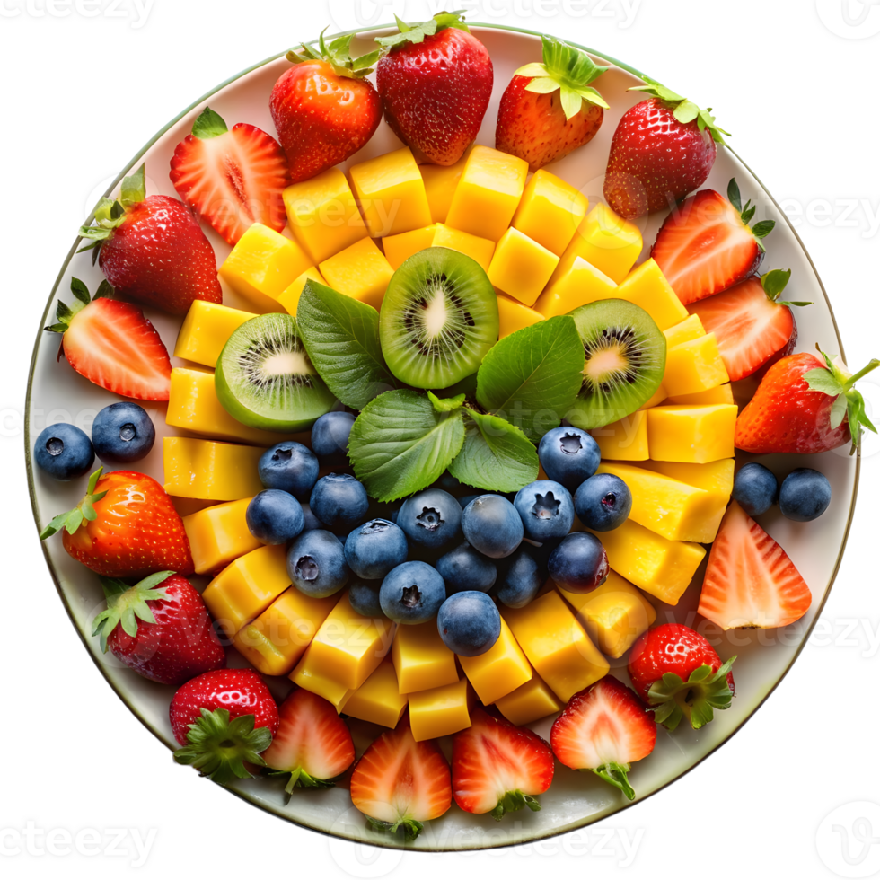 Exquisite fruit arrangement of strawberries, mango, kiwi, and blueberries png