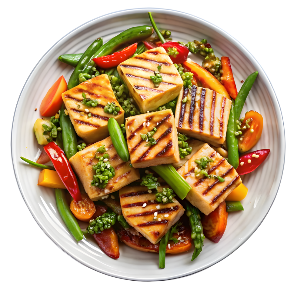 Healthy grilled tofu salad with fresh vegetables, food presented creatively png