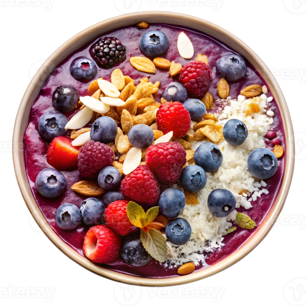Colorful berry acai bowl with various toppings on white for a healthy breakfast png