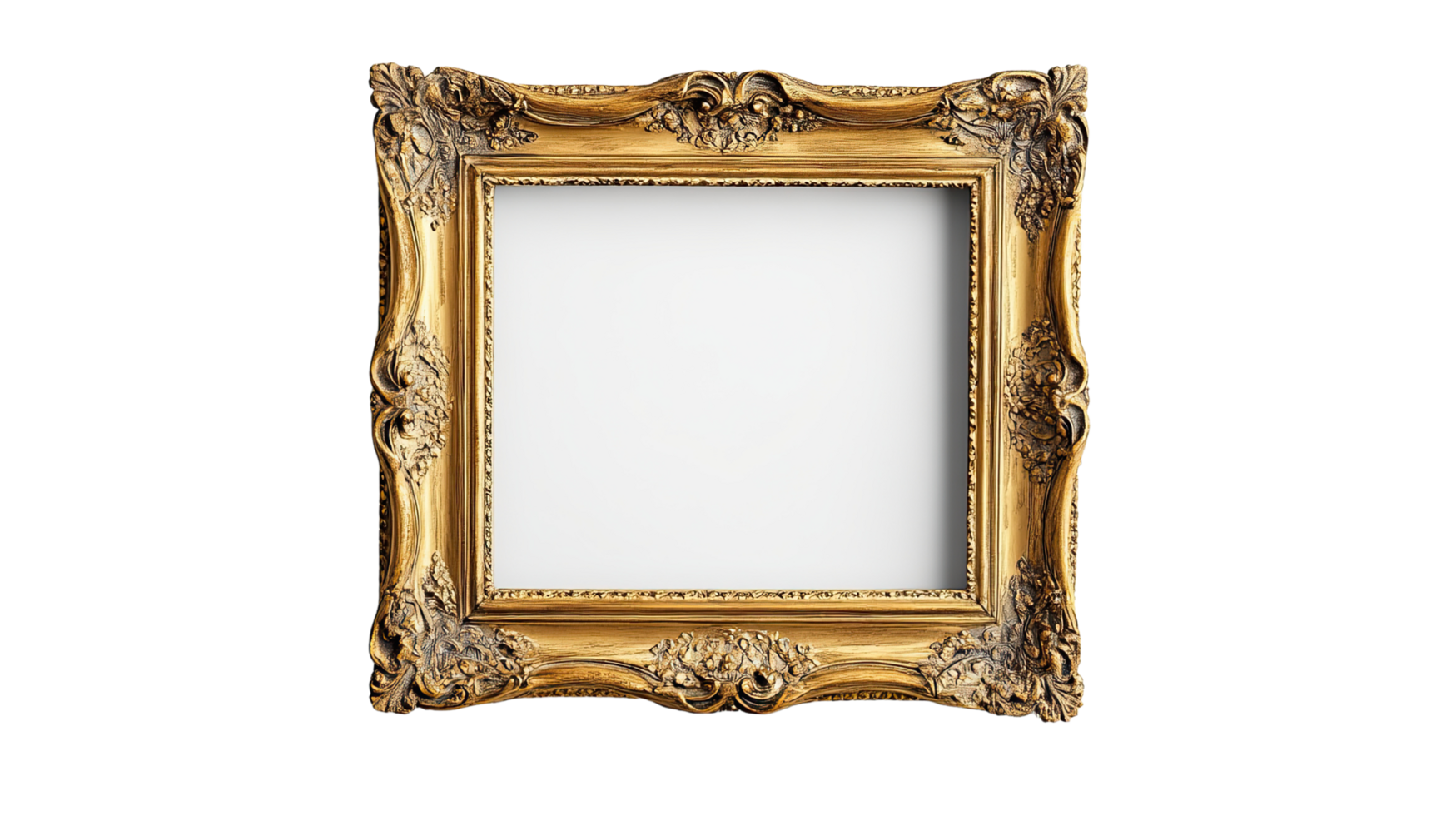 A decorative golden frame showcasing an empty canvas for artwork or photography display, ideal for gallery settings. png