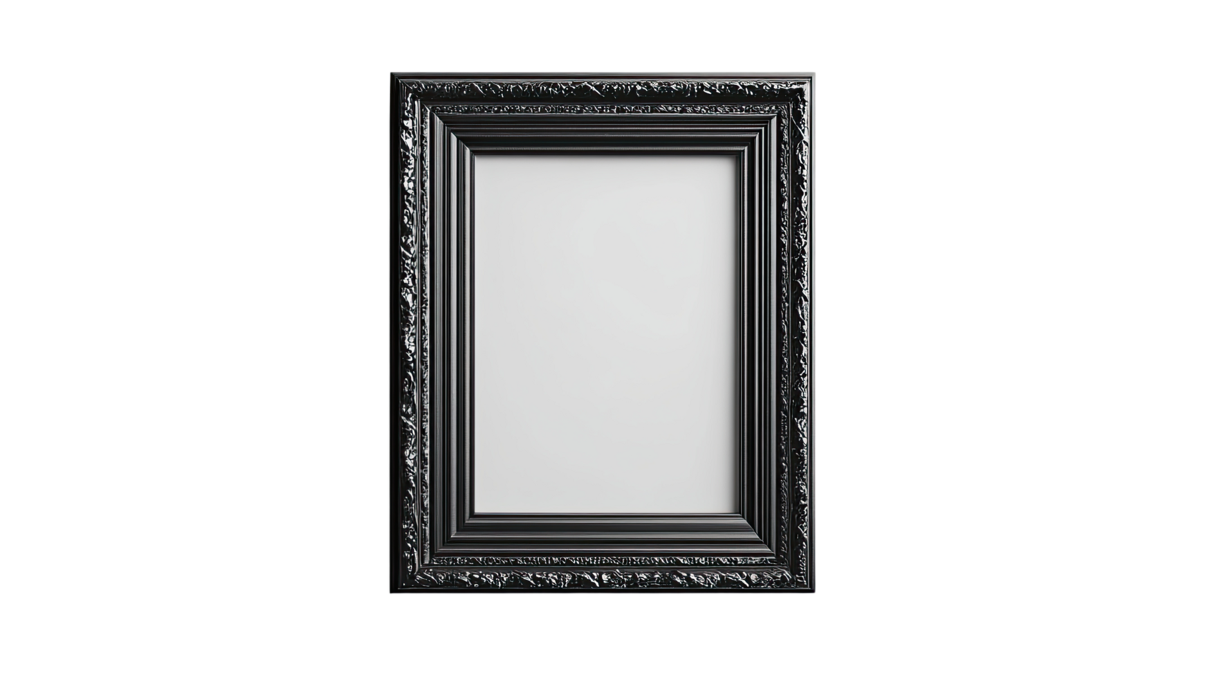 An elegant black photo frame with intricate details, perfect for showcasing your favorite artwork or photography. png