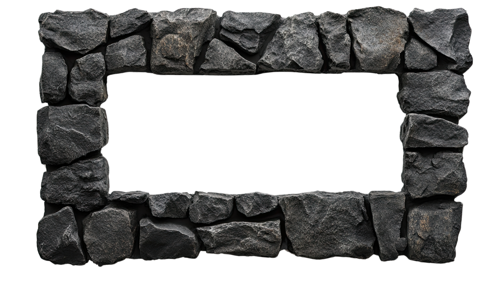 A rustic stone frame showcasing a unique architectural design with rich textures and natural elements. png