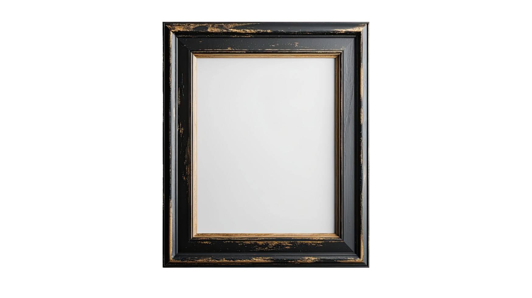 An empty ornate picture frame with a distressed black finish, perfect for creative art and photography projects. png
