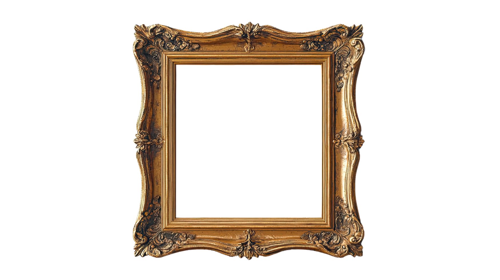 An elegant antique wooden picture frame with intricate carvings, perfect for showcasing art or photography. png