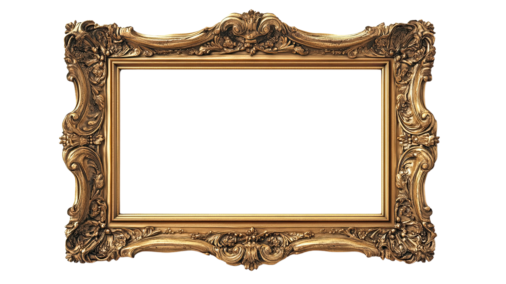 An ornate golden picture frame ready to enhance your artwork or photos, adding elegance and sophistication. png